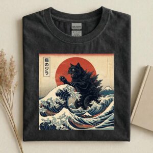 Vintage Black Kaiju Cat Shirt, Japanese Wave Cat T-Shirt, Great Wave Cat Monster Tee, Funny Godzilla Cat Tee, Anime Cat Lovers