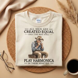90th Harmonica Player Birthday Shirt, Funny 90th Birthday Gift, Play Harmonica In Their Nineties Tee, Vintage Musician Grandpa Gift