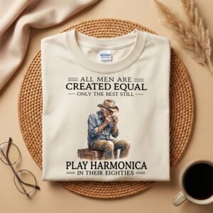 80th Harmonica Player Birthday Shirt, Funny 80th Birthday Gift, Play Harmonica In Their Eighties Tee, Vintage Musician Grandpa Gift