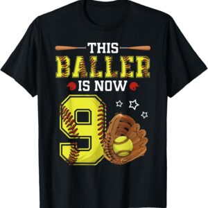 9th Birthday Softball This Baller Is Now Nine T-Shirt Sapelle Shirt