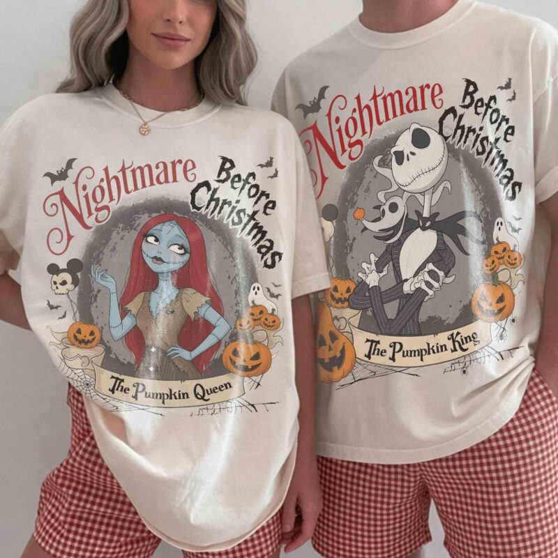 Jack and Sally Halloween Couple Graphic Tee - Vintage Nightmare Before Christmas Pumpkin King Gift