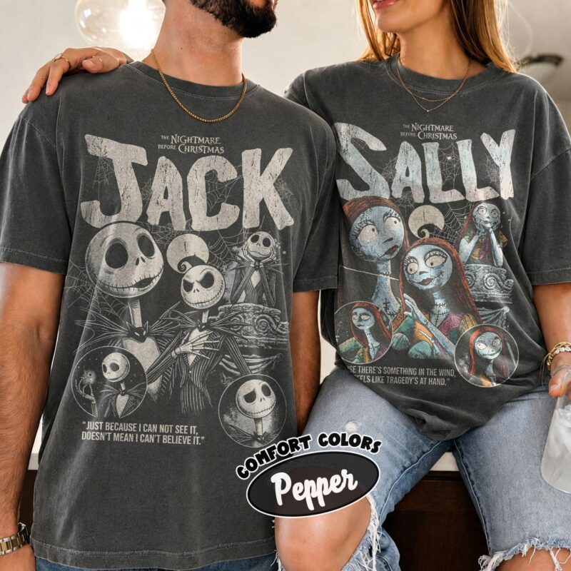 Jack-and-Sally-Matching-Couples-Halloween-Graphic-Tee-with-Vintage-Nightmare-Before-Christmas-Balloon-Design Jack and Sally Matching Couples Halloween Graphic Tee with Vintage Nightmare Before Christmas Balloon Design