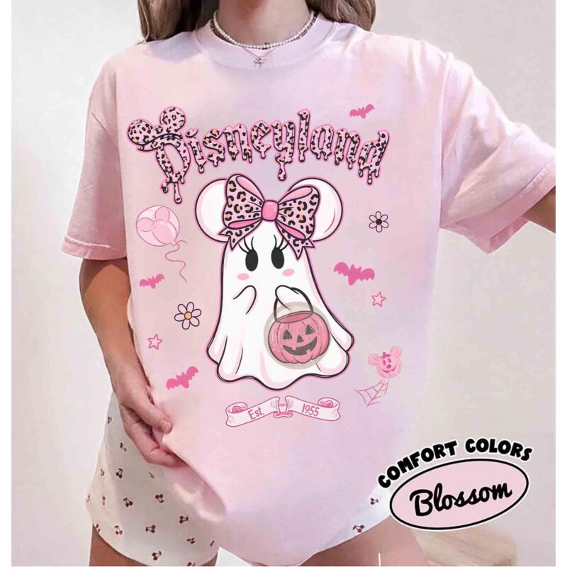 Minnie-Pink-Ghost-Leopard-Halloween-Graphic-Tee-Retro-Disneyland-Est-1955-WDW-Animal-Kingdom-Trip Minnie Pink Ghost Leopard Halloween Graphic Tee