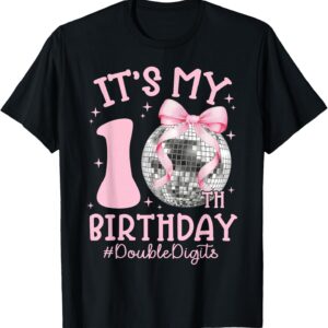 Sapelle Shirt It's My 10th Birthday Girl T-Shirt with Double Digits Bow and Disco Ball Design