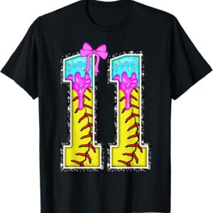 Sapelle Shirt Softball 11th Birthday Girl Ice Cream Drip Bow T-Shirt