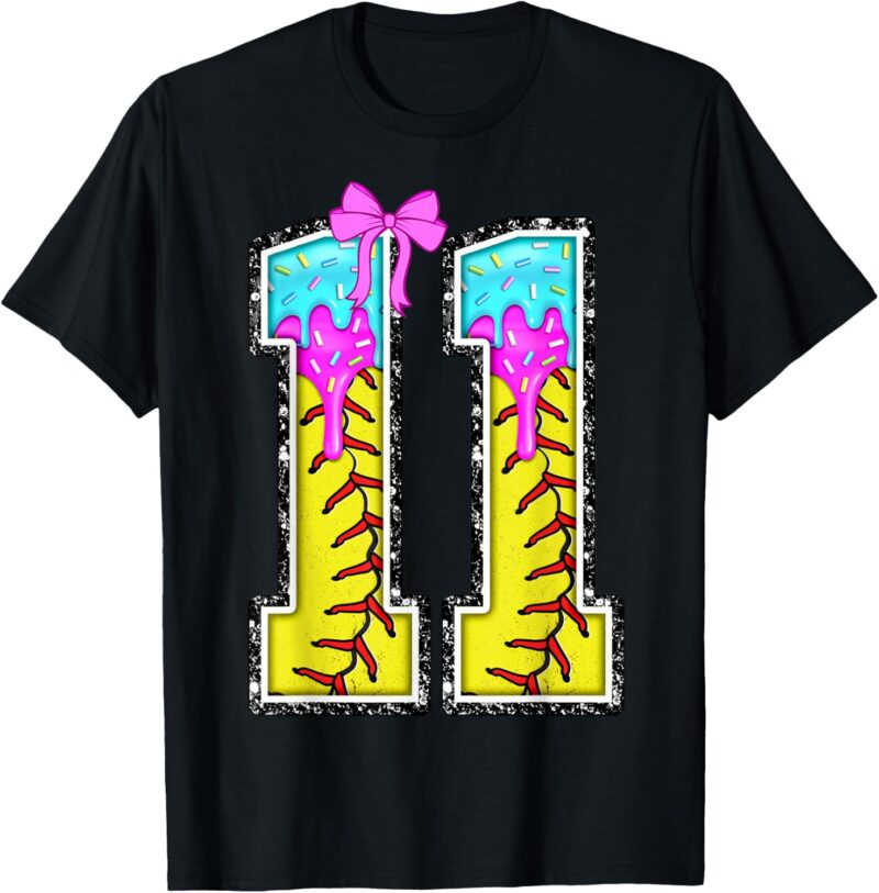 Sapelle Shirt Softball 11th Birthday Girl Ice Cream Drip Bow T-Shirt