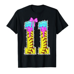 Sapelle Shirt Softball 11th Birthday Girl Ice Cream Drip Bow T-Shirt