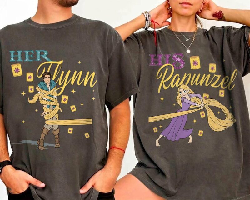 Vintage-Tangled-Rapunzel-Flynn-Rider-Couple-Graphic-Tee-for-Disneyland-Trips-Matching-Family-Design Vintage Tangled Rapunzel & Flynn Rider Couple Graphic Tee for Disneyland Trips