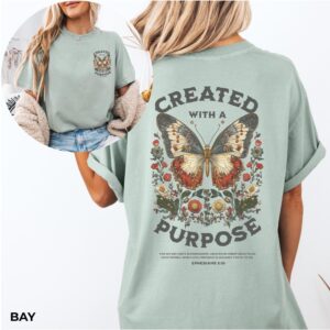 Christian Cottagecore Butterfly Shirt, Faux Embroidery, Ephesians 2 10, Comfort Colors Created With a Purpose Tee