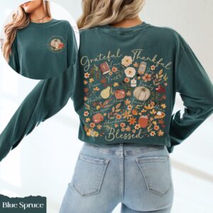 Grateful Thankful Blessed Christian Long Sleeve T-Shirt, Thanksgiving Watercolor Pumpkin Jesus Design, Comfort Colors