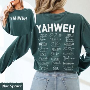 Yahweh Long Sleeve T-Shirt with Names of God, Christian Faith Apparel, Front and Back Design