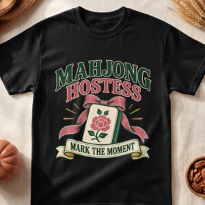 Mahjong Hostess Mark The Moment Graphic Apparel Vintage Tile Flower Bow Ribbon Game Night Design