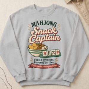 Mahjong Snack Captain Graphic Apparel Featuring Tile Rack And Snack Bowl Retro Game Night Design