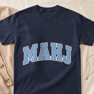 Mahj Mahjong Player Apparel Light Blue Varsity Collegiate Block Letter Graphic Tile Game Clothing