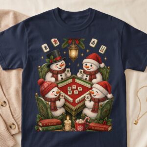 Christmas Snowman Playing Mahjong Chinese Tile Game Holiday Winter Tabletop Graphic Apparel