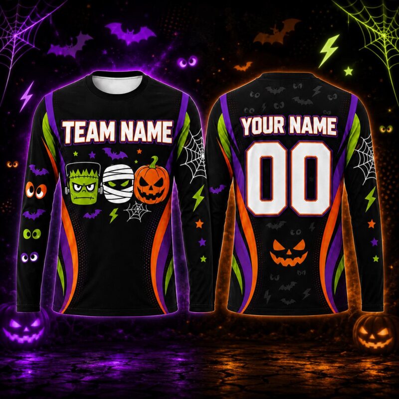 Personalized-Halloween-Team-Long-Sleeve-Shirt-Custom-Name-Number-Spooky-Jersey-Monster-Pumpkin-Halloween-Shirt-Family-Team-Halloween-Gift Personalized Halloween Team Long Sleeve Shirt