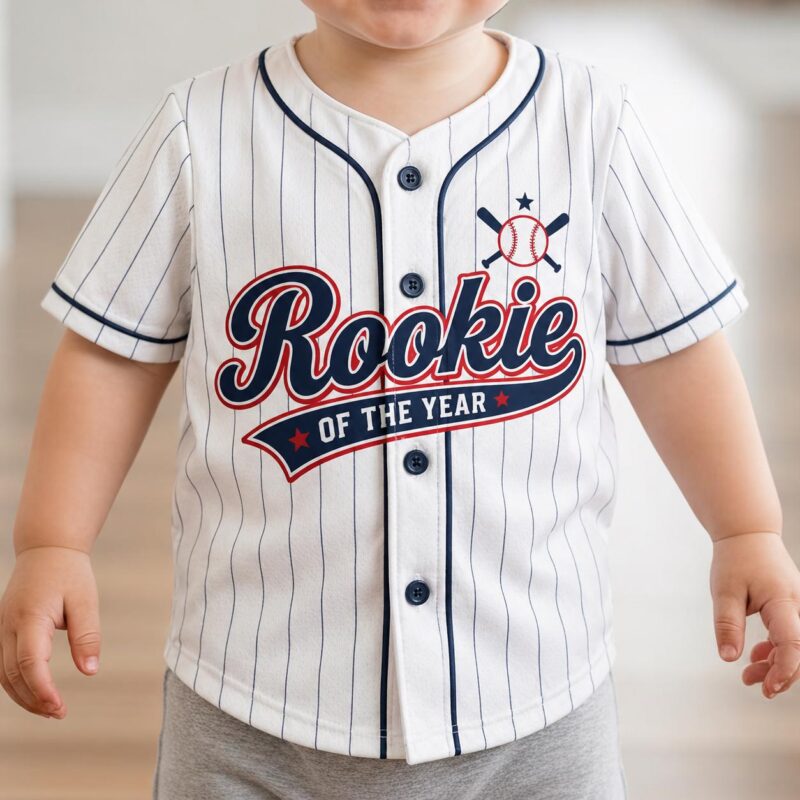 Rookie-of-The-Birthday-Jersey-Shirt-Rookie-Baseball-Birthday-Jersey-Rookie-Family-Jersey-First-Birthday-Boy-Shirt-Mom-Baseball-Jersey Custom Name Rookie Baseball First Birthday Graphic Tee for Baby Boy & Family Matching Sapelle