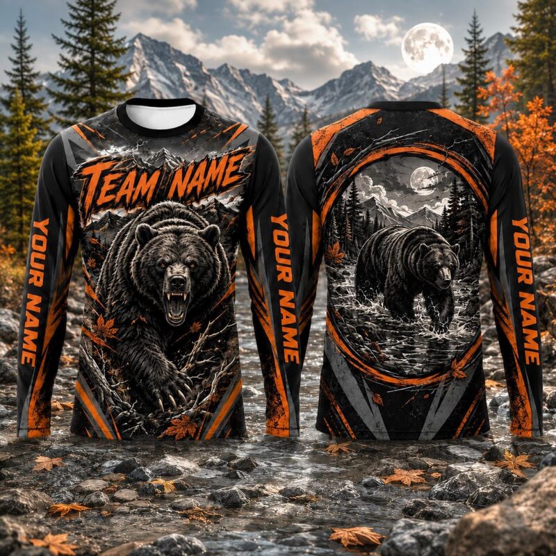 Sapelle Bear Hunting Graphic Tee with Black Bear Wilderness Design and Long Sleeves