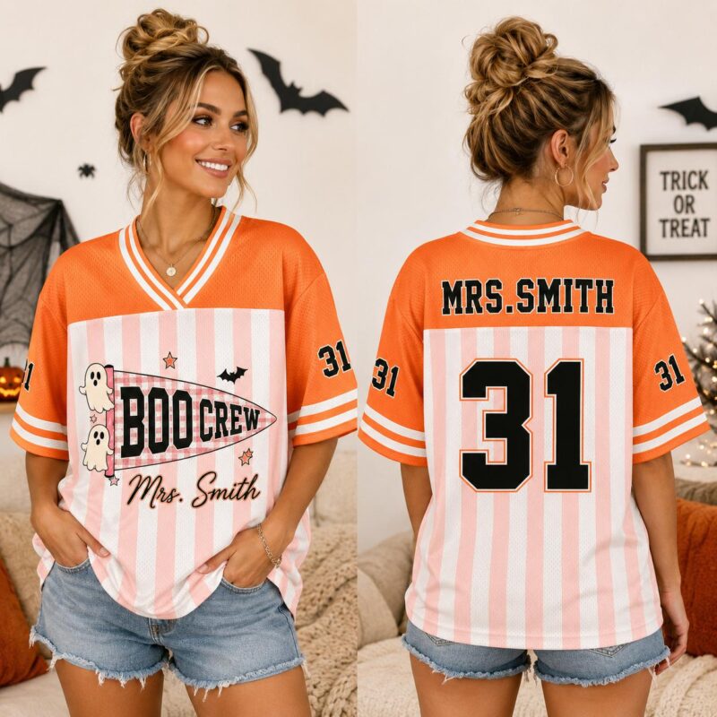 Sapelle Boo Crew Halloween Mesh Jersey Ghost Spooky Teacher Graphic Tee