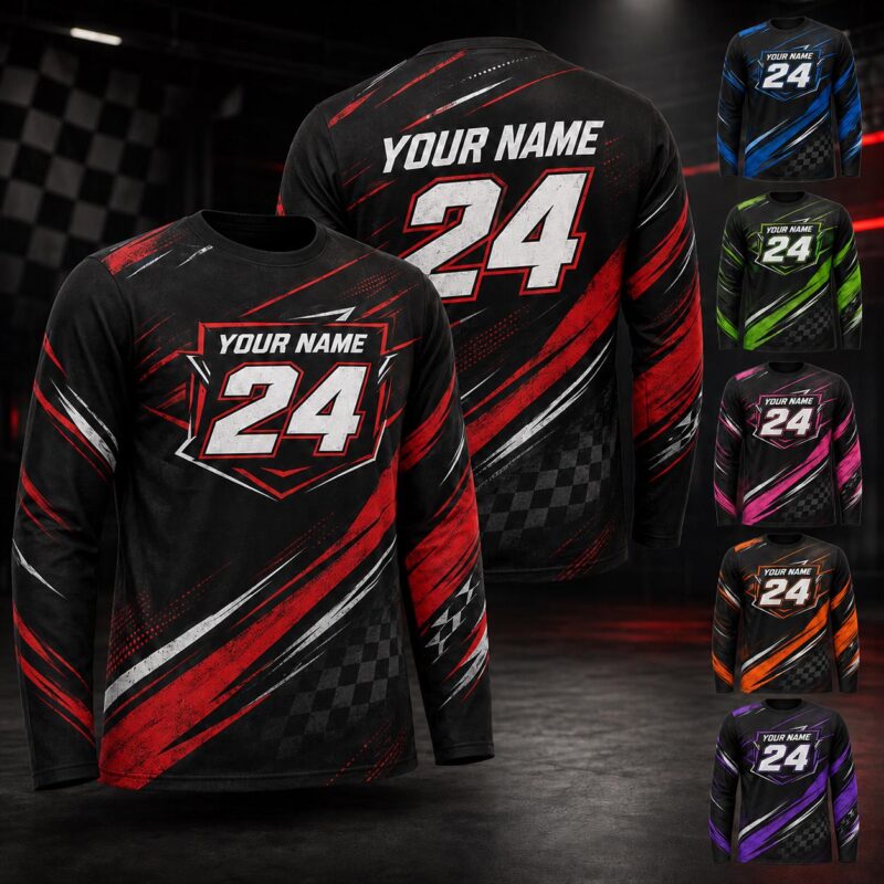 Sapelle Checkered Flag Racing Graphic Tee with Custom Name and Number