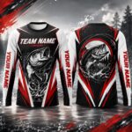 Sapelle Custom Bass Fishing Tournament Long Sleeve Graphic Tee Red and Black Team Jersey Style Shirt