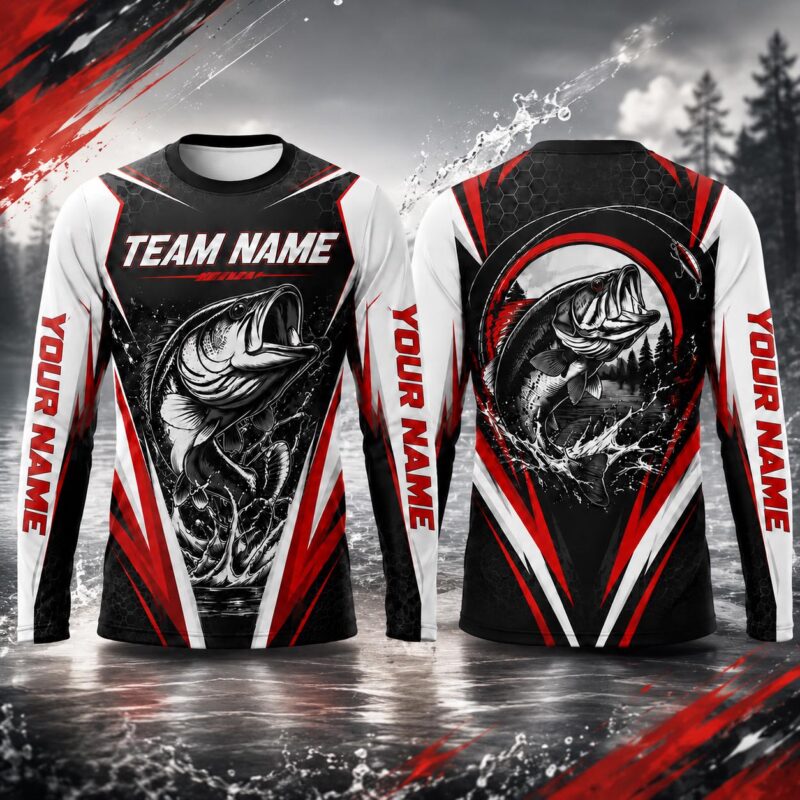 Sapelle Custom Bass Fishing Tournament Long Sleeve Graphic Tee Red and Black Team Jersey Style Shirt