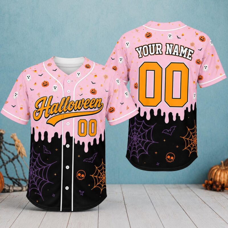 Sapelle Purple Ghost Pumpkin Graphic Tee Custom Name and Number Spooky Baseball Jersey