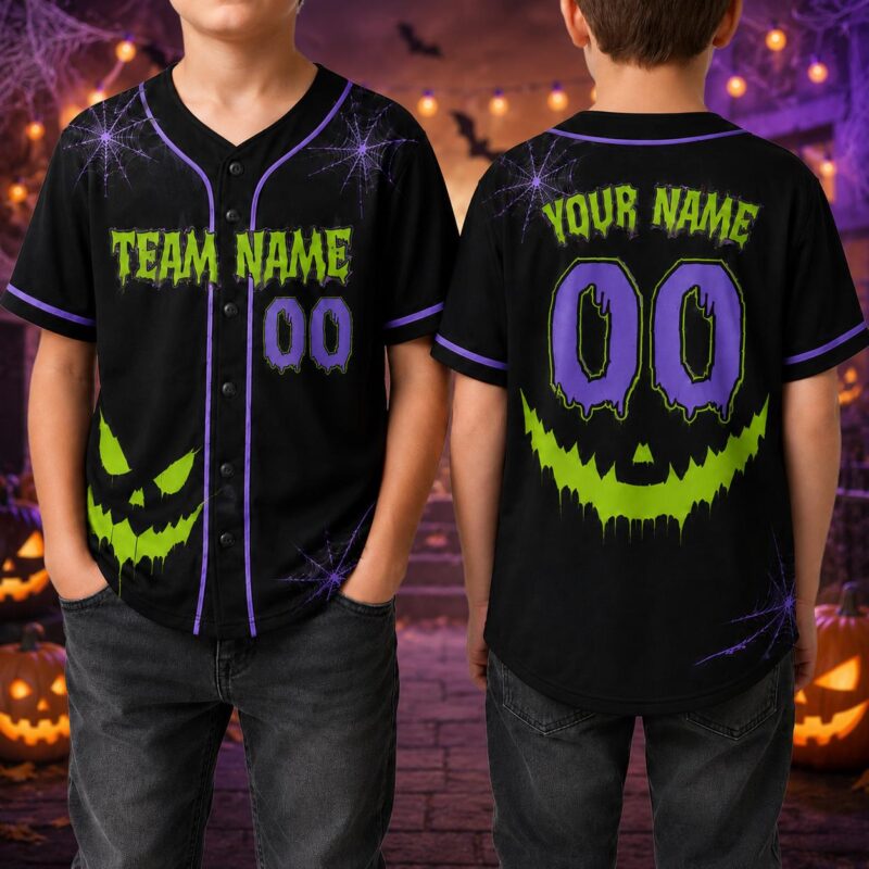 Sapelle Custom Halloween Baseball Jersey Spooky Pumpkin Face Graphic Tee