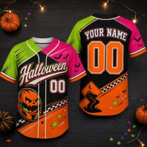 Sapelle Custom Name Number Neon Pumpkin Halloween Baseball Graphic Tee