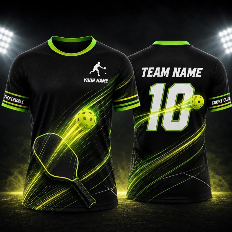 Sapelle Custom Pickleball Graphic Tee Black Neon Green Sports Uniform Youth Adult Court Club