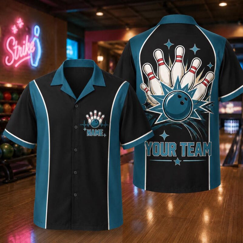 Sapelle Retro Team Bowling Graphic Tee for Men and Women Custom Button Down Shirt