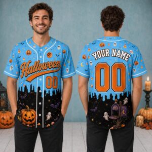 Sapelle Halloween Graphic Tee Button Front Spooky Jersey with Custom Name and Number
