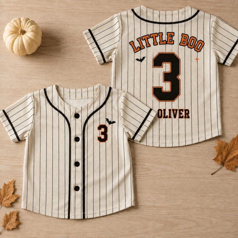 Sapelle Kids Little Boo Halloween Baseball Graphic Tee with Custom Name and Number