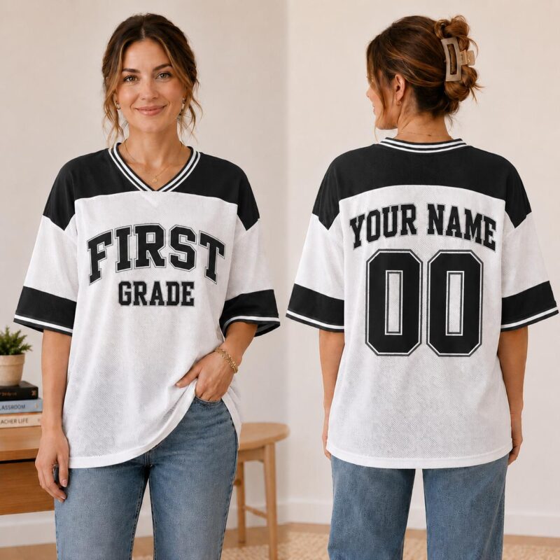 Sapelle Personalized Teacher Football Jersey-Style Graphic Tee with Custom Grade
