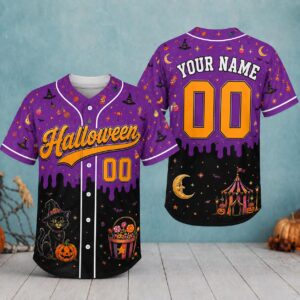 Sapelle Purple Halloween Baseball Jersey Witch Cat Pumpkin Graphic Tee