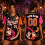 Sapelle Retro Halloween Graphic Tee Baseball Jersey with Custom Name and Number Ghost Spooky Party Shirt
