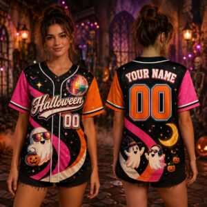 Sapelle Retro Halloween Graphic Tee Baseball Jersey with Custom Name and Number Ghost Spooky Party Shirt