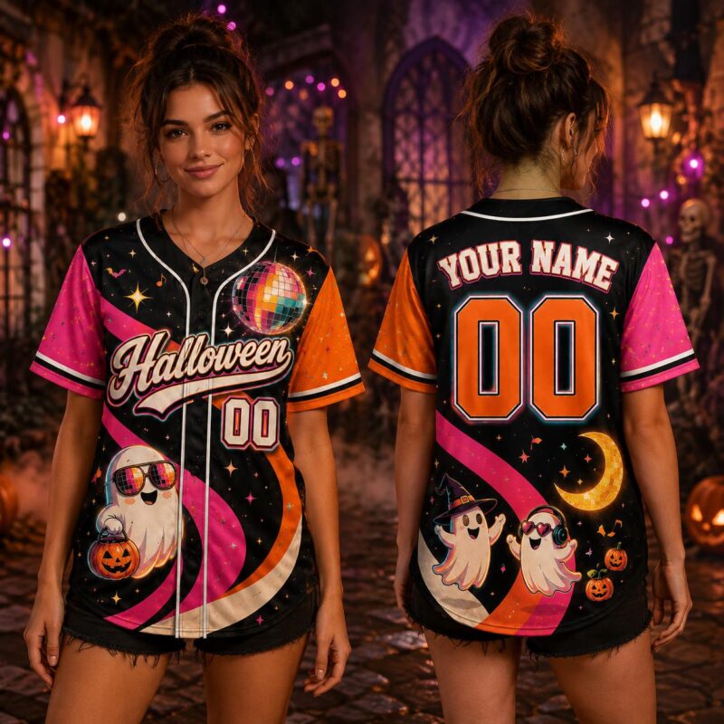 Sapelle Retro Halloween Graphic Tee Baseball Jersey with Custom Name and Number Ghost Spooky Party Shirt
