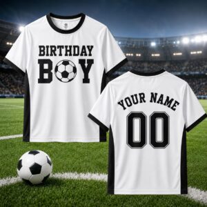 Sapelle Soccer Birthday Graphic Tee for Birthday Boy with Custom Name and Number