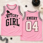 Sapelle Witchy Girl Halloween Jersey Kids Tank Top Pink Witch Graphic Tee