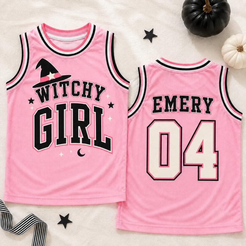 Sapelle Witchy Girl Halloween Jersey Kids Tank Top Pink Witch Graphic Tee