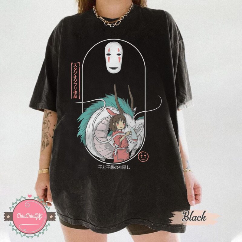 Vintage-Spirited-Away-Graphic-Tee-with-Chihiro-No-Face-and-Haku-Sapelle Vintage Spirited Away Graphic Tee with Chihiro