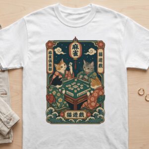 Cats Playing Mahjong Shirt Japanese Ukiyo E Art Vintage Kimono Board Game Graphic
