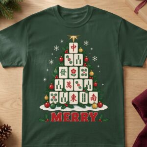 Merry Mahjong Christmas Tree Shirt Pine Branch Bauble Star Holiday Tile Game Board Graphic