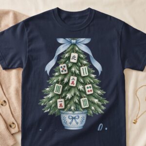Merry Mahj Christmas Mahjong Tree Apparel Watercolor Blue Bow Chinoiserie Planter Holiday Graphic
