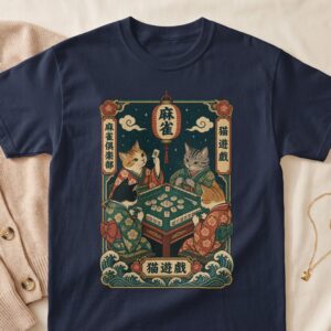 Cats Playing Mahjong Shirt Japanese Ukiyo E Art Vintage Kimono Board Game Graphic