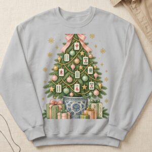 Womens Merry Mahjong Christmas Apparel Chinoiserie Tree Graphic Holiday Game Tile Artwork